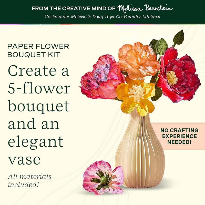 LifeLines FlowCrafts, Paper Flower Bouquet - Create a 5-Flower Bouquet with 80+ Petals, 2 Leafy Sprigs & Elegant Vase - Sensory Arts & Crafts Kit for Teens & Adults - Paper Decorations - Image 2